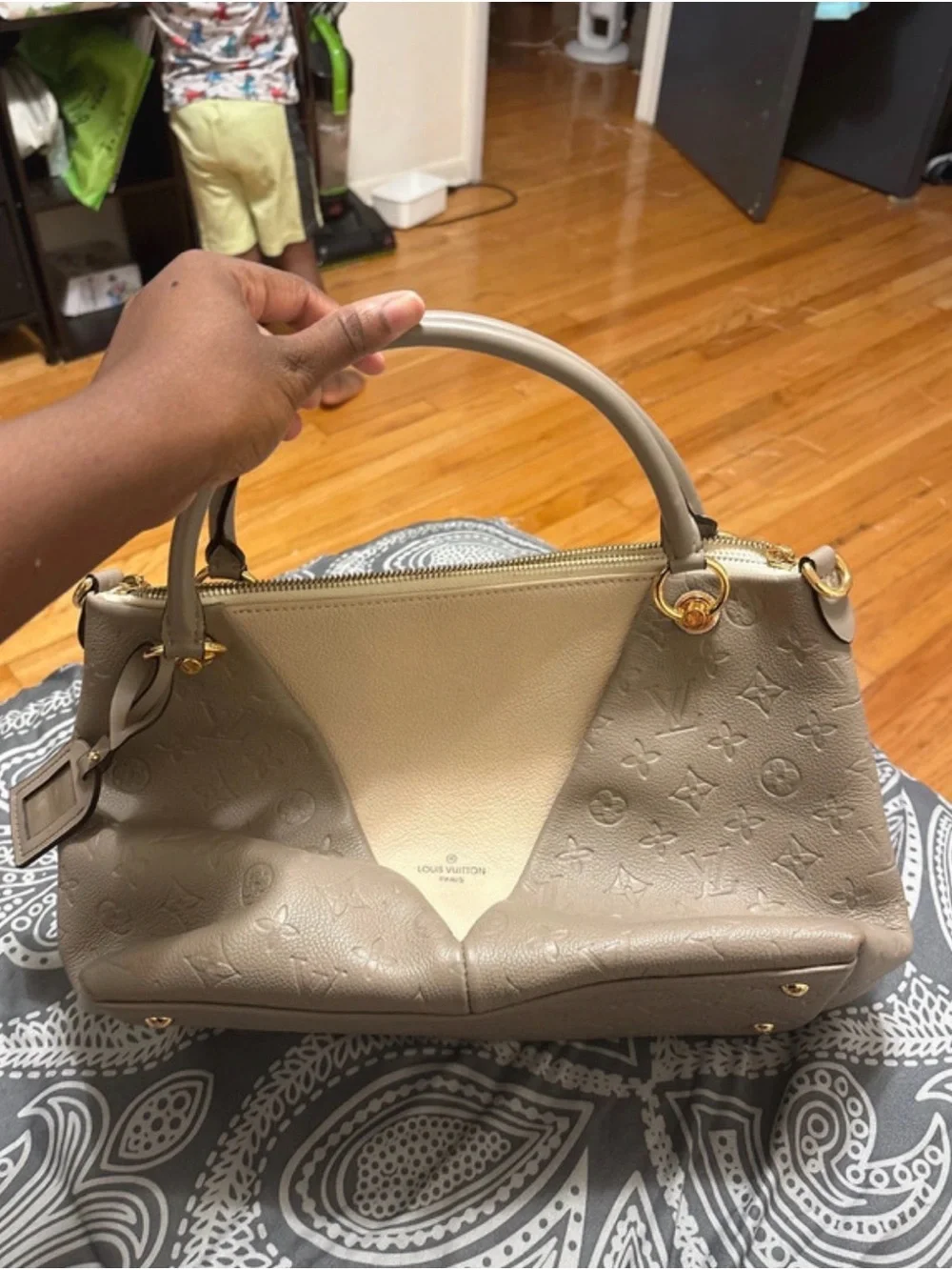Louis Vuitton Taupe and Cream Embossed Leather Satchel